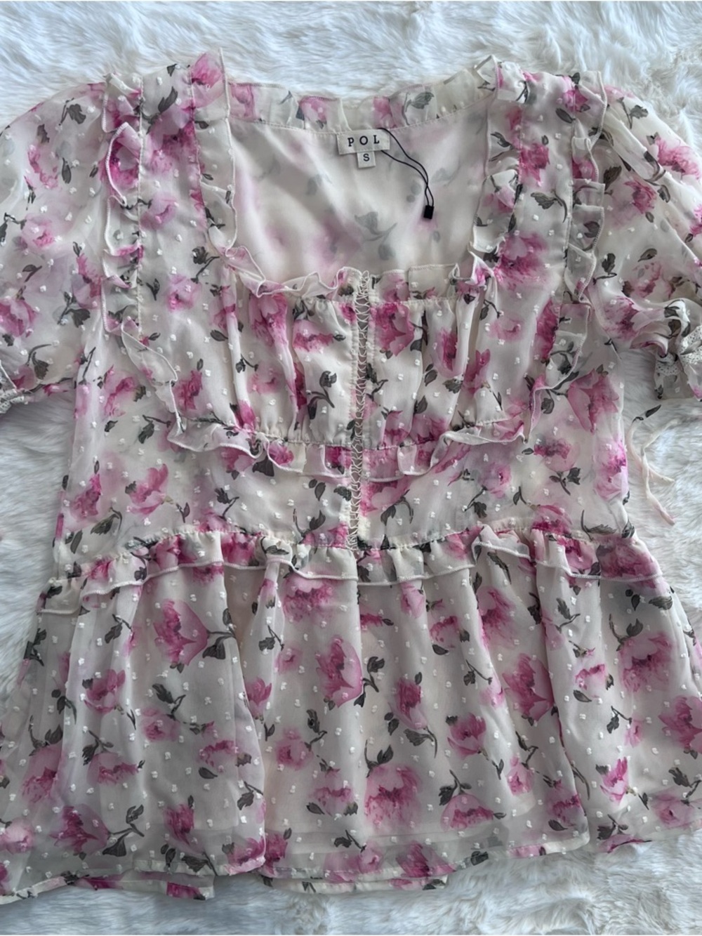 POL Pink Floral Ruffle Peplum Top Cottagecore Romantic Feminine